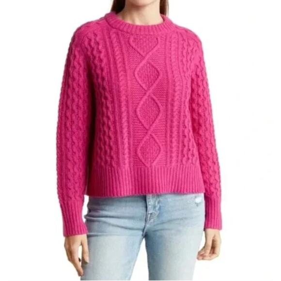 360 Cashmere NWT Anna Sweater Cable Knit Chunky Wool Blend Magenta Pink Sz Sml - Picture 1 of 14